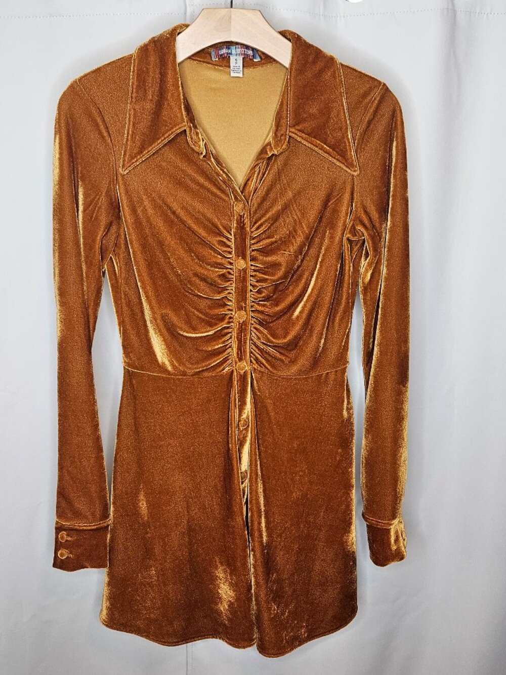 Urban Outfitters Nellie Ruched Velvet Shirt Dress Rust Orange Small